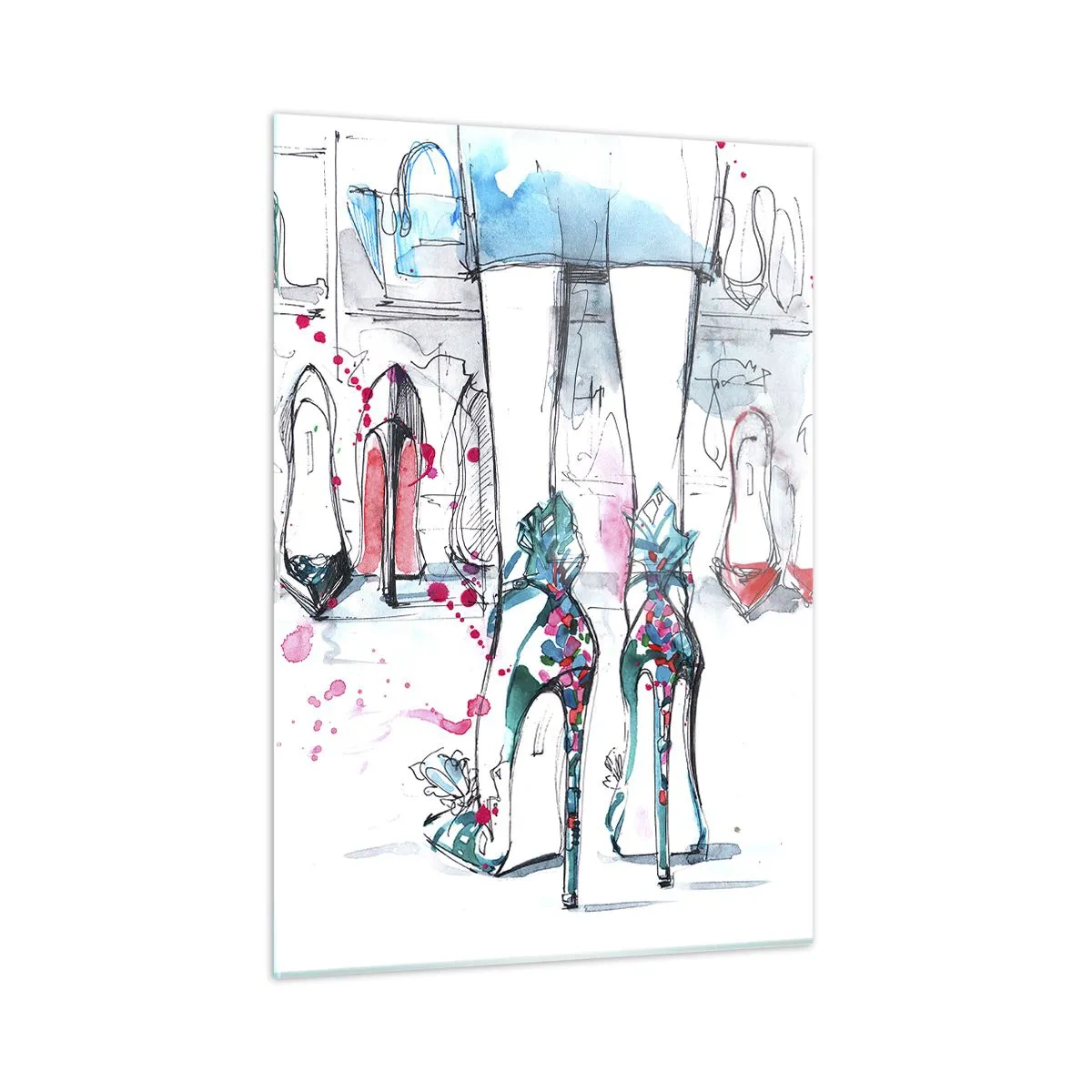 Impression sur verre - Image sur verre - Illustration de talons hauts élégants dans un magasin - 50x70cm - Sésame, ouvre-toi - Décoration murale moderne pour le salon et la chambre ARTTOR