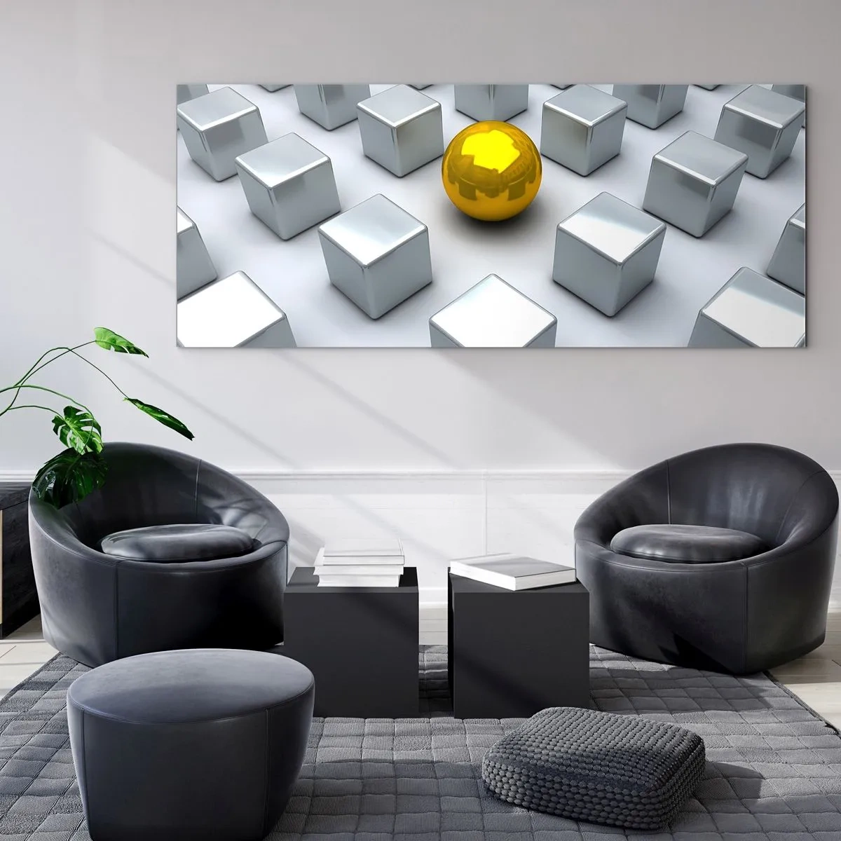 Impression sur verre - Image sur verre - Une sphère dorée se détachant parmi les cubes d'argent - 160x50cm - Pourquoi moi? Composition géométrique - Décoration murale moderne pour le salon et la chambre ARTTOR