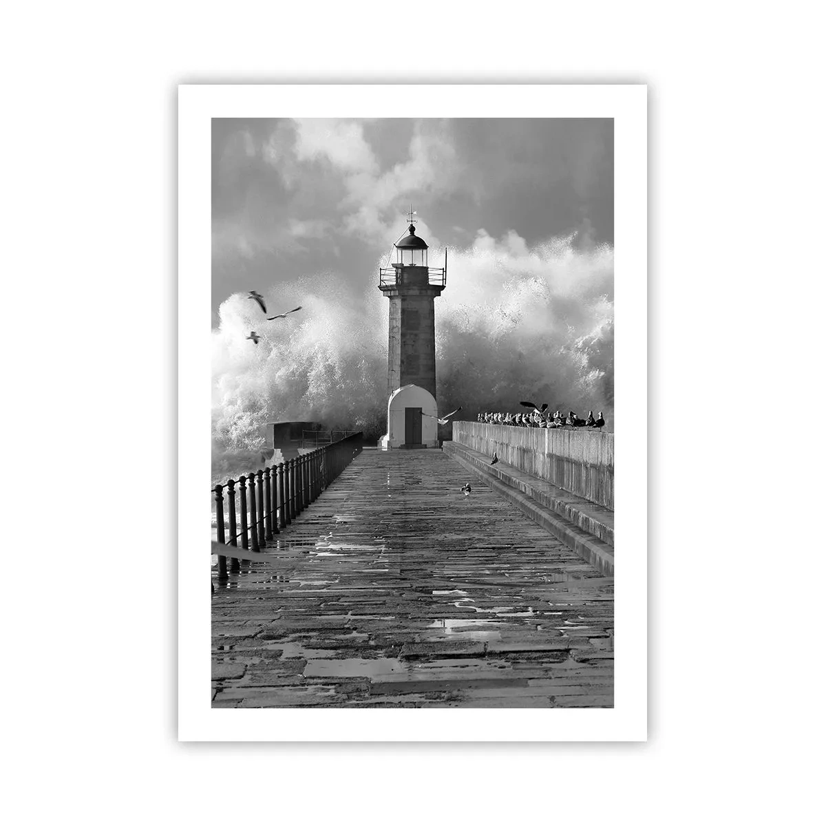 Affiche - Poster - Un phare noir et blanc entouré de vagues - 50x70cm - Sans peur - Décoration murale moderne pour le salon et la chambre ARTTOR