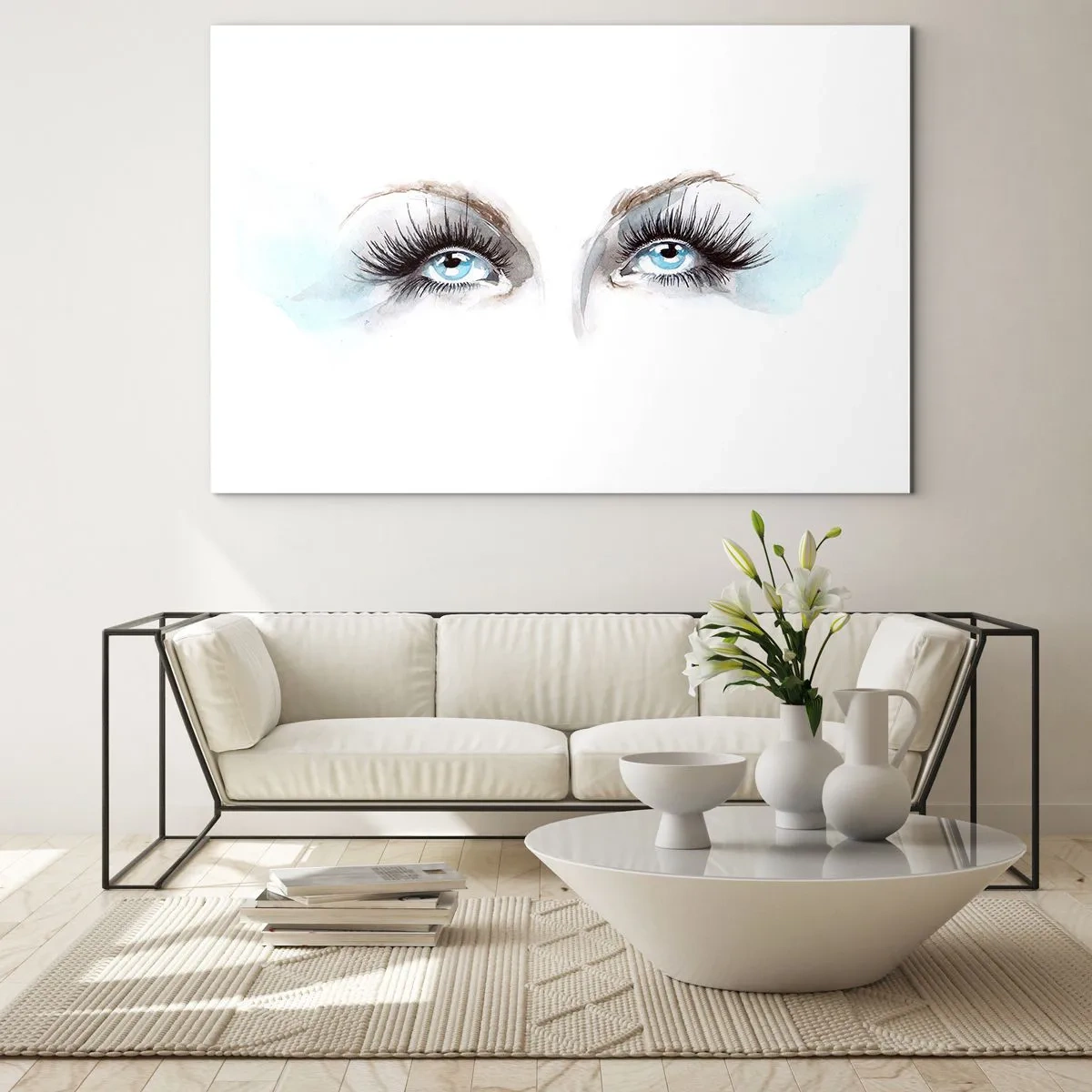 Impression sur verre - Image sur verre - Le regard subtil des yeux bleus dans une composition artistique - 70x50cm - Yeux d'ange? - Décoration murale moderne pour le salon et la chambre ARTTOR