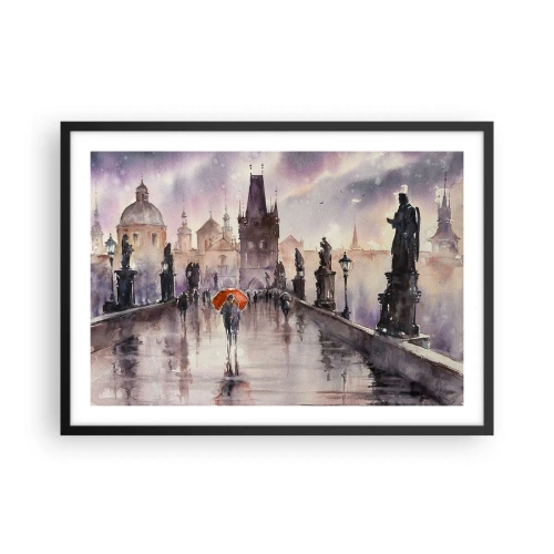 Affiche dans un cadre noir - Poster - Vue romantique d'un pont avec un parapluie sur fond de ville en soirée - 70x50cm - Les gens ne changent pas - Décoration murale moderne pour le salon et la chambre ARTTOR