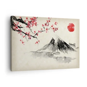Impression sur toile - Image sur toile - Un paysage pittoresque avec une montagne, des cerisiers en fleurs et du soleil - 70x50cm - Tomber amoureux du Japon - Décoration murale moderne pour le salon et la chambre ARTTOR