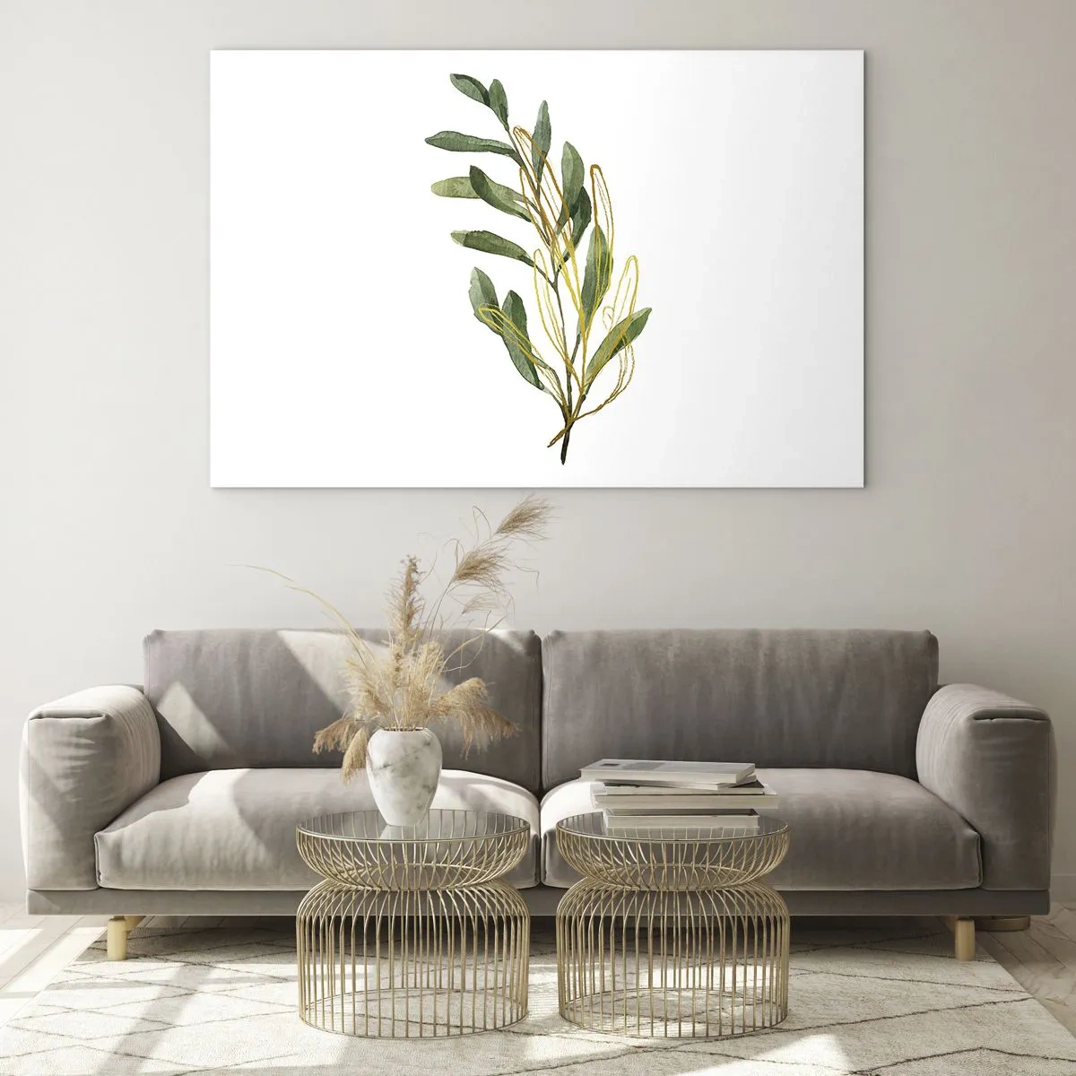 Impression sur verre - Image sur verre - Une branche verte avec un délicat accent doré - 100x70cm - Tout ce qui est bon - Décoration murale moderne pour le salon et la chambre ARTTOR