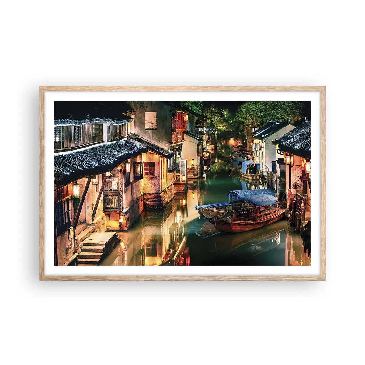 Affiche dans un chêne clair - Poster - Soirée dans une rue chinoise - 91x61 cm