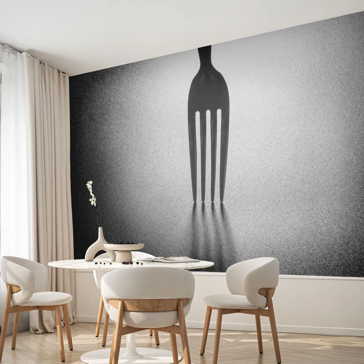 Papier Peint Photo Premium Sand - Composition en noir et blanc avec une fourchette et son ombre dans la lumière - 100x70cm - Lumière et ombre - Décoration murale moderne pour le salon et la chambre ARTTOR
