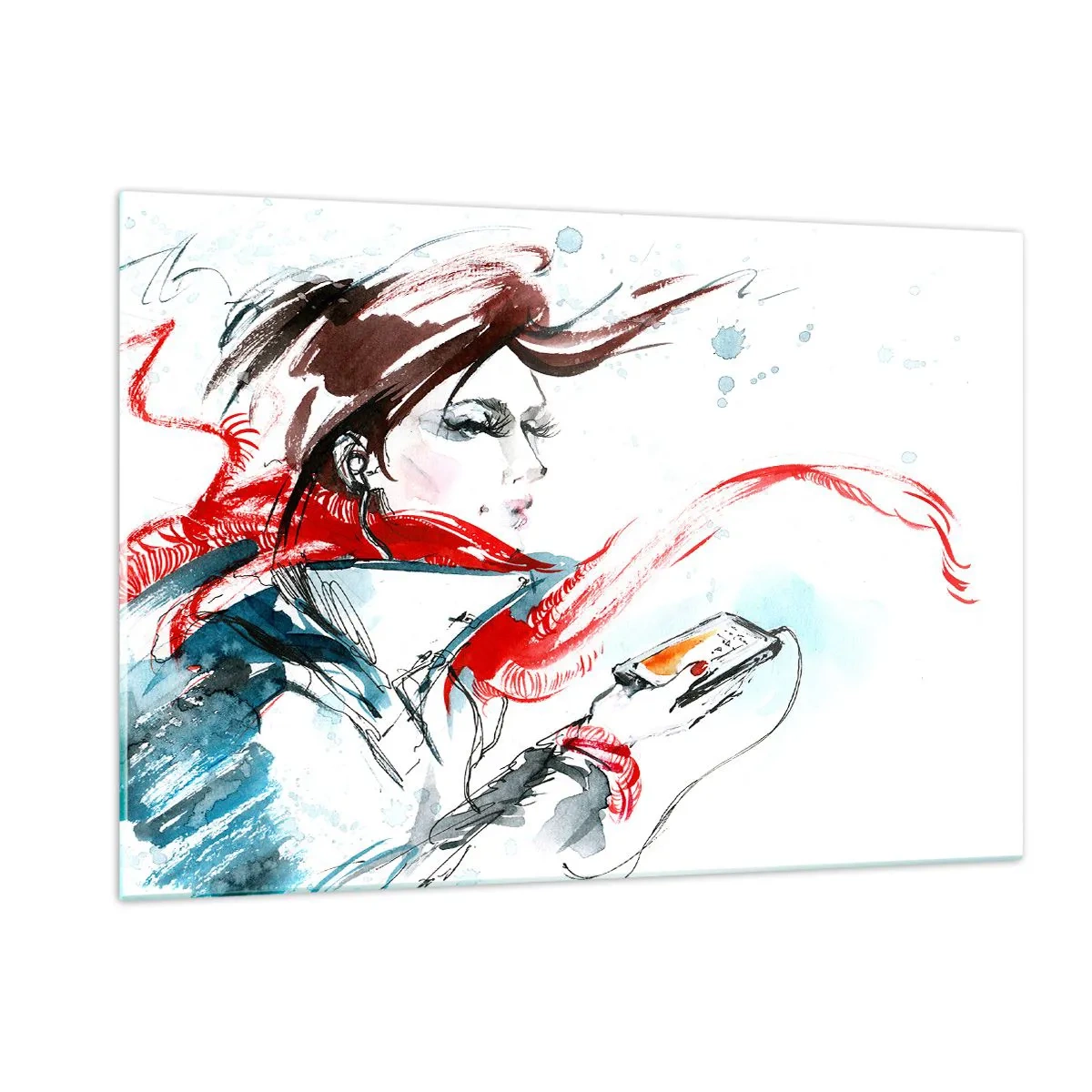 Impression sur verre - Image sur verre - Une femme portant un foulard rouge avec des détails dynamiques et esquissés. - 120x80cm - Quelque chose se passe en moi - Décoration murale moderne pour le salon et la chambre ARTTOR