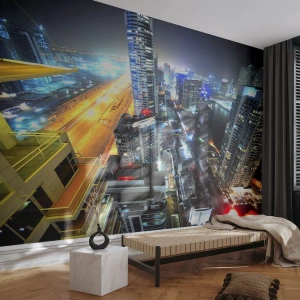 Papier Peint Photo Standard Eco - Panorama de la ville la nuit avec des gratte-ciel illuminés - 100x70cm - Un miracle dans le désert - Décoration murale moderne pour le salon et la chambre ARTTOR