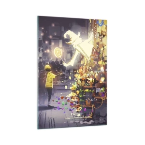 Impression sur verre - Image sur verre - Un personnage de conte de fées et un enfant dans une rue pleine de lumières et de magie - 70x100cm - La magie existe - Décoration murale moderne pour le salon et la chambre ARTTOR