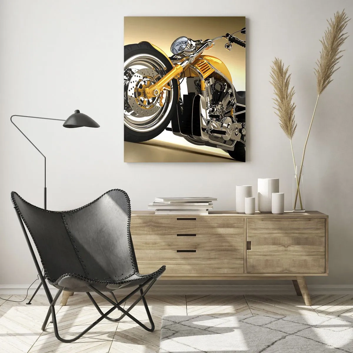 Impression sur verre - Image sur verre - Une moto jaune de style chopper contre un mur beige - 70x100cm - Un rêve de force et de vitesse - Décoration murale moderne pour le salon et la chambre ARTTOR