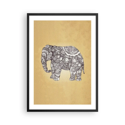 Affiche dans un cadre noir - Poster - Illustration décorative d'un éléphant avec des ornements complexes sur un fond doré - 50x70cm - L'éléphant s'est apprêté - Décoration murale moderne pour le salon et la chambre ARTTOR