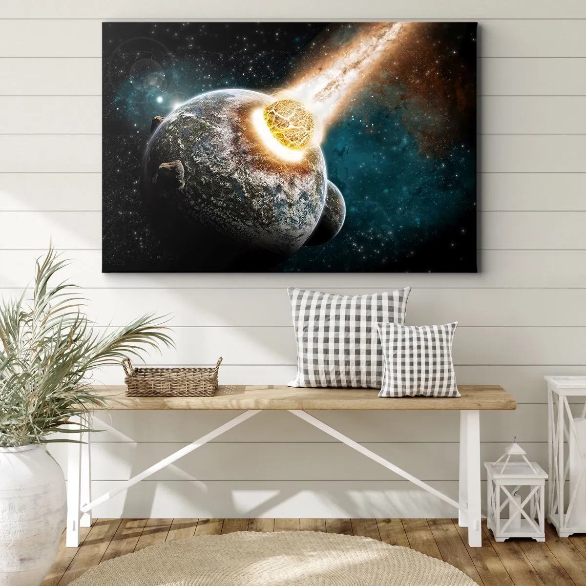 Impression sur toile - Image sur toile - Collision cosmique d'une planète avec un astéroïde à proximité de la galaxie. - 100x70cm - Destruction ou naissance? - Décoration murale moderne pour le salon et la chambre ARTTOR