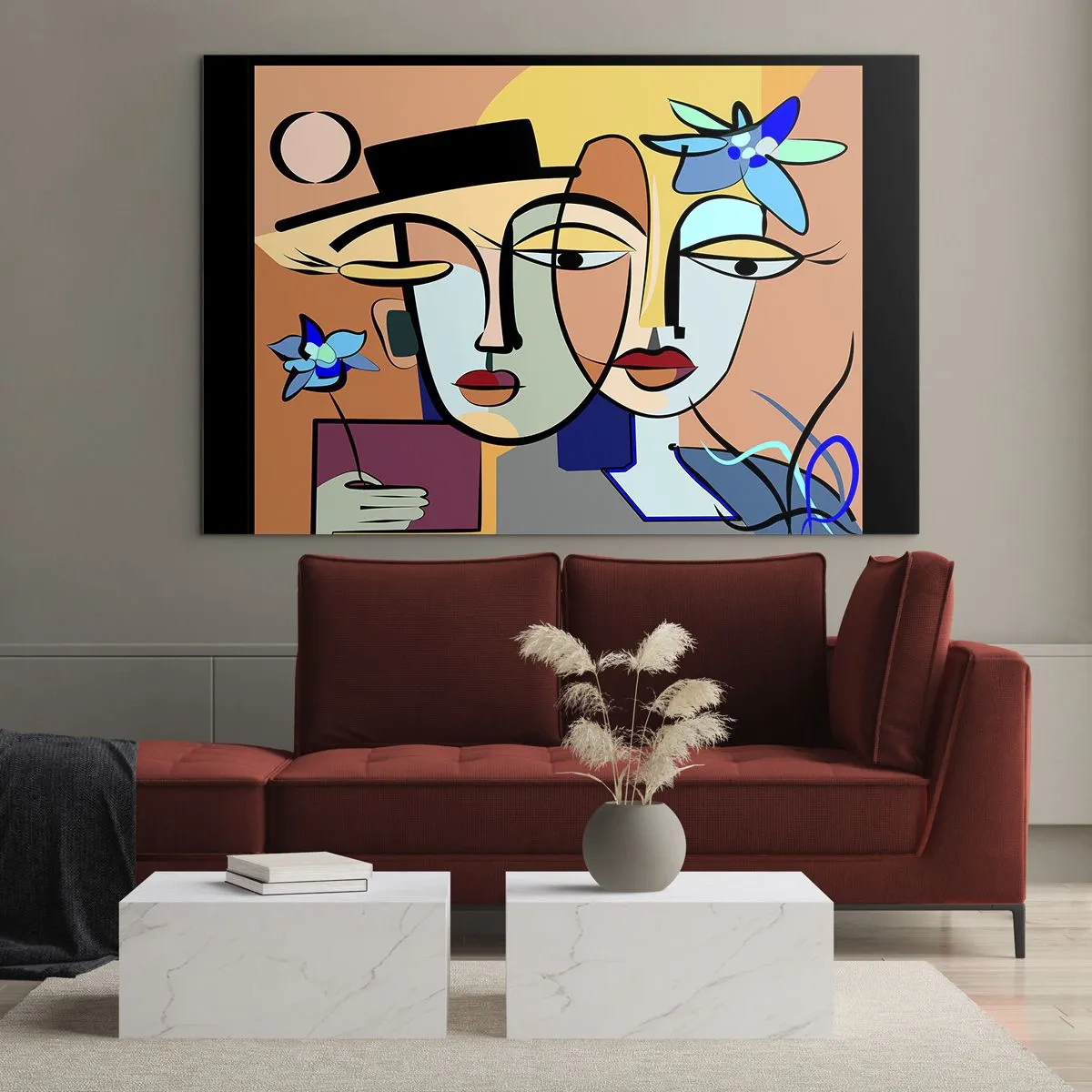 Impression sur verre - Image sur verre - Visages colorés de style cubiste avec des fleurs - 100x70cm - Le Rendez-vous de Picasso - Décoration murale moderne pour le salon et la chambre ARTTOR