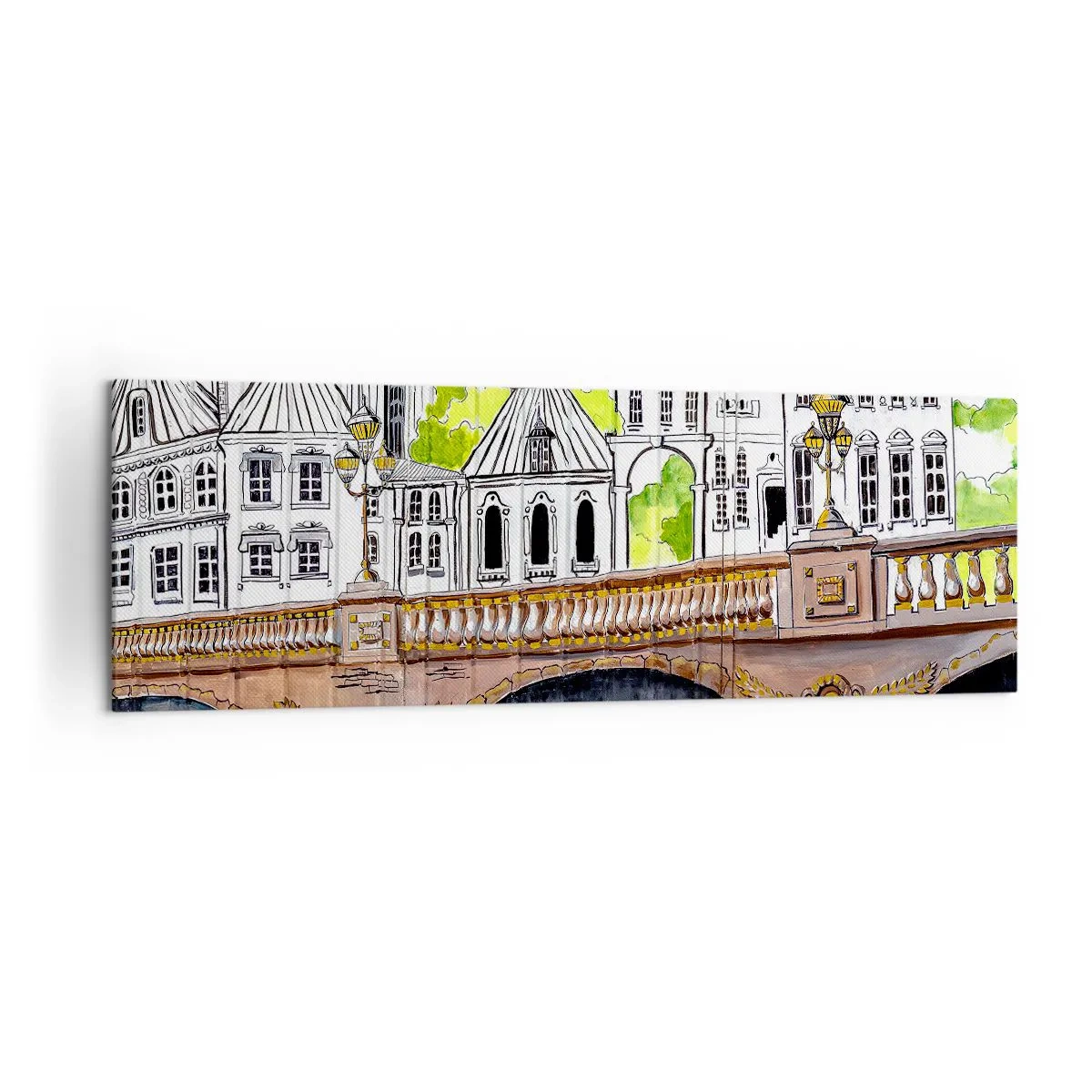 Impression sur toile - Image sur toile - Dessin du pont et de l'architecture urbaine historique - 160x50cm - Une ville comme peinte - Décoration murale moderne pour le salon et la chambre ARTTOR