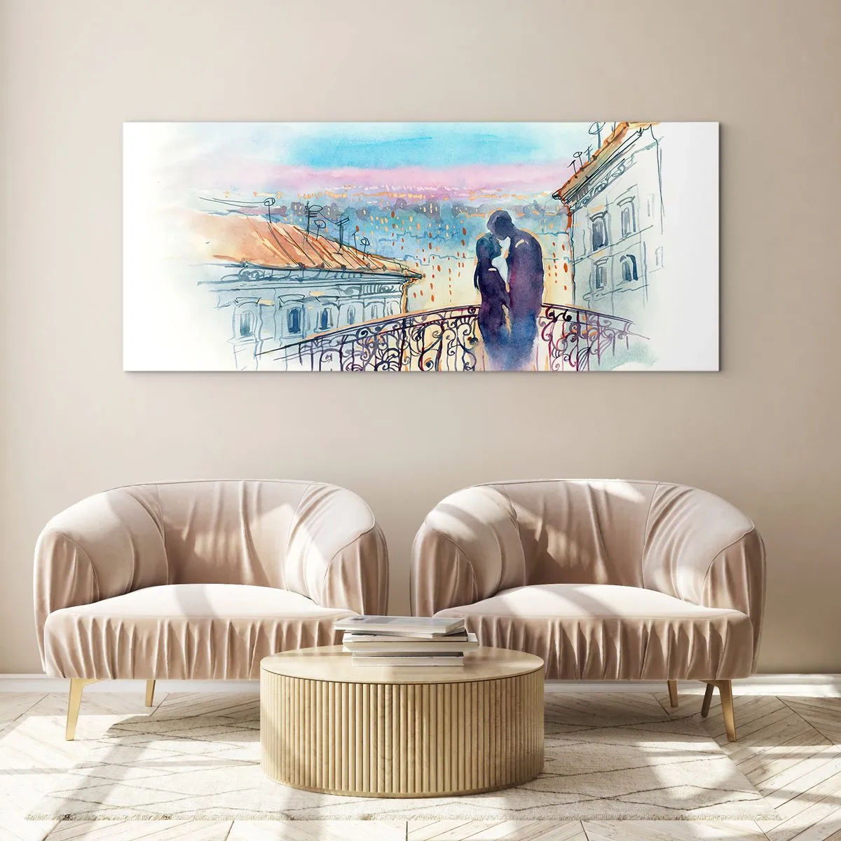 Impression sur verre - Image sur verre - Couple romantique sur un balcon avec vue sur la ville - 160x50cm - Amoureux de Paris - Décoration murale moderne pour le salon et la chambre ARTTOR