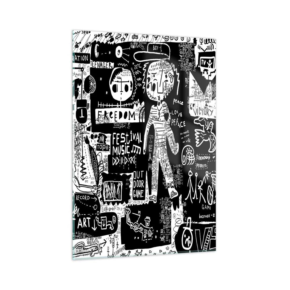 Impression sur verre - Image sur verre - Graphiques de style street art en noir et blanc avec personnages et symboles - 50x70cm - Jeunesse spirituelle de loi et de joie - Décoration murale moderne pour le salon et la chambre ARTTOR