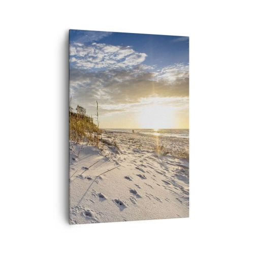 Impression sur toile - Image sur toile - Dunes avec de l'herbe et des empreintes de pas dans le sable au coucher du soleil - 70x100cm - Invitation à la ballade - Décoration murale moderne pour le salon et la chambre ARTTOR