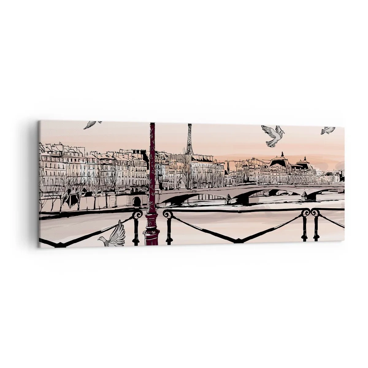 Impression sur toile - Image sur toile - Vue parisienne avec une lanterne et un pont - 140x50cm - Sur les toits de Paris - Décoration murale moderne pour le salon et la chambre ARTTOR
