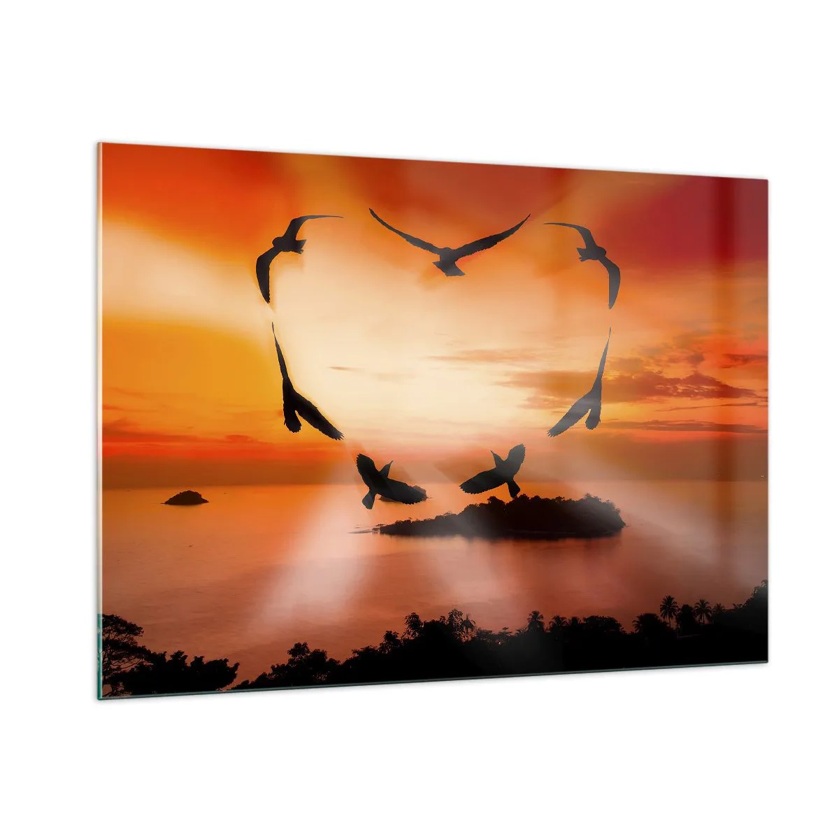 Impression sur verre - Image sur verre - Oiseaux formant un cœur sur fond de coucher de soleil - 100x70cm - Aimer le monde comme les oiseaux - Décoration murale moderne pour le salon et la chambre ARTTOR