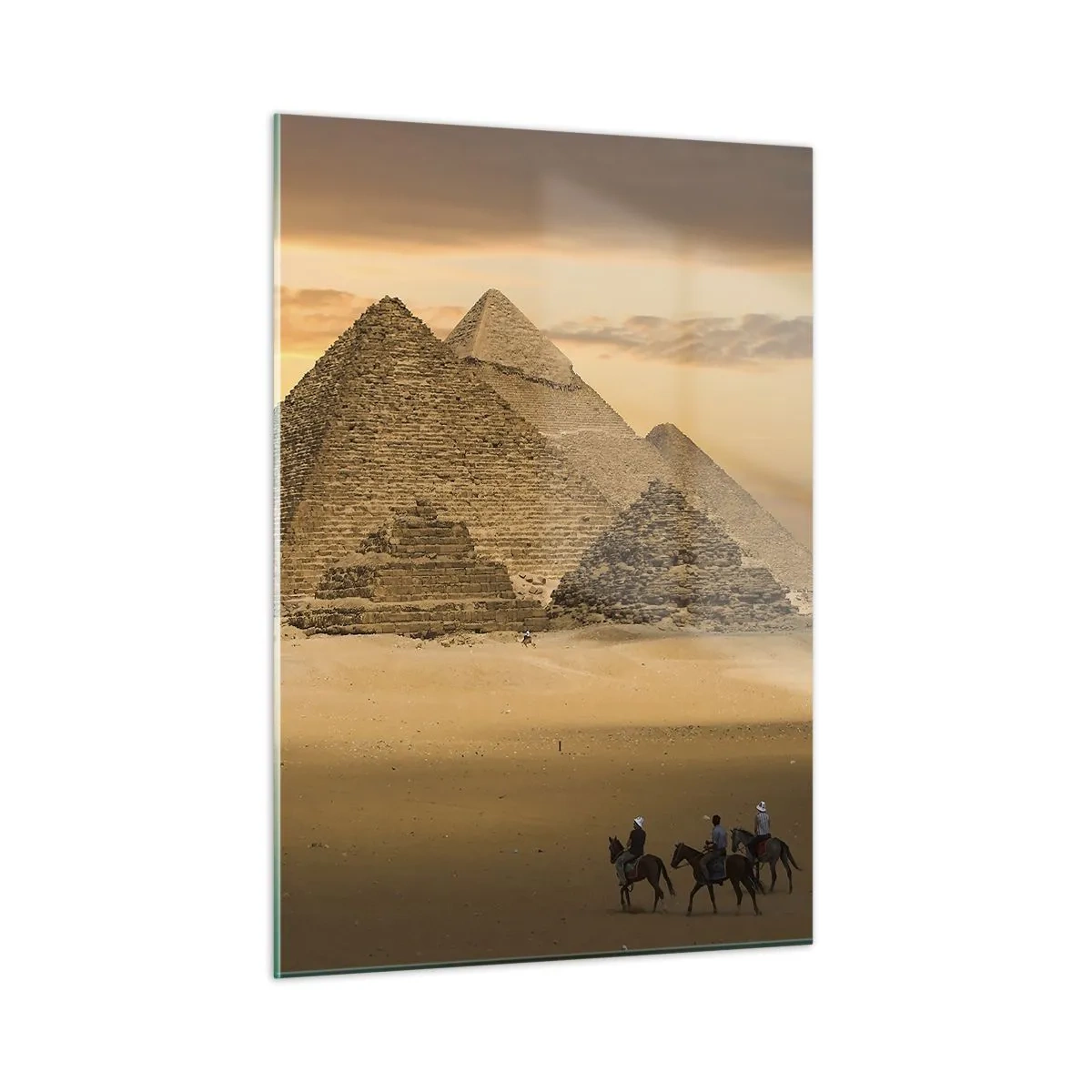 Impression sur verre - Image sur verre - Les pyramides de Gizeh au coucher du soleil avec des cavaliers à cheval - 50x70cm - Aucun changement depuis des milliers d'années - Décoration murale moderne pour le salon et la chambre ARTTOR