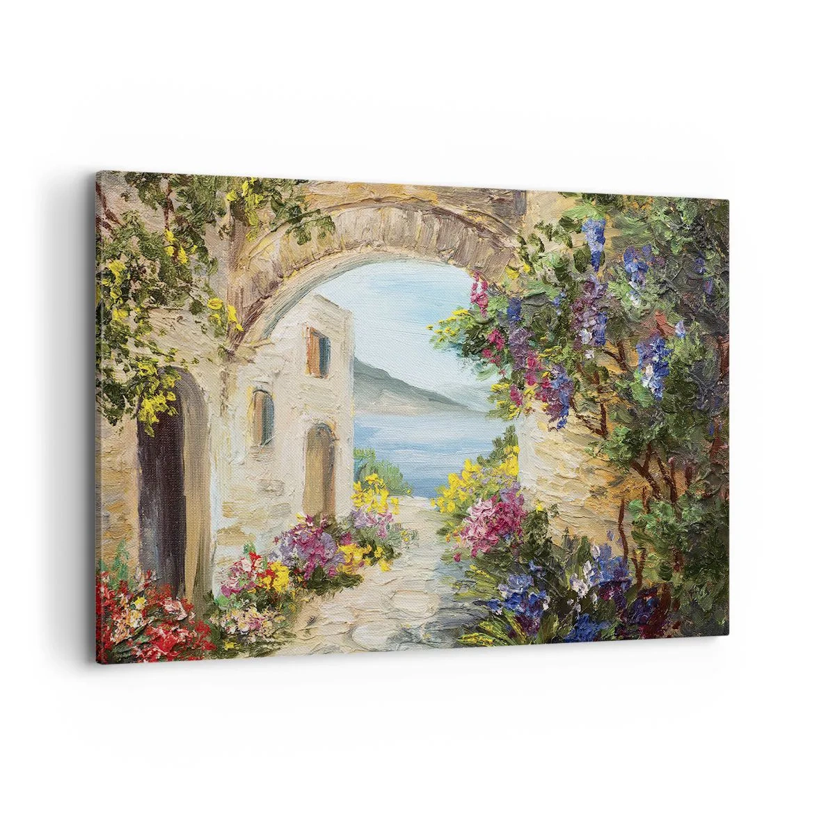 Impression sur toile - Image sur toile - Paysage de bord de mer avec des bâtiments en pierre et des fleurs - 120x80cm - Le charme d'une province côtière - Décoration murale moderne pour le salon et la chambre ARTTOR