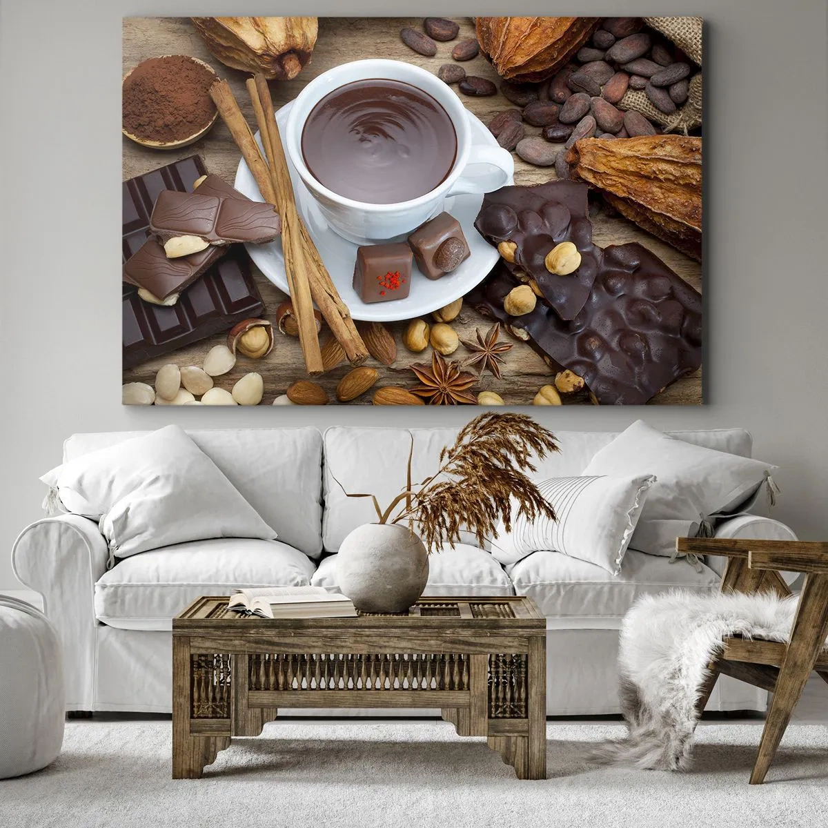 Impression sur toile - Image sur toile - Une tasse de chocolat chaud entourée d'ingrédients de dessert - 70x50cm - D'une chocolaterie de conte de fées - Décoration murale moderne pour le salon et la chambre ARTTOR