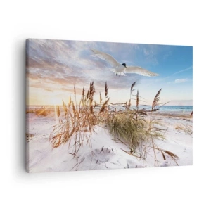 Impression sur toile - Image sur toile - Plage avec des mouettes volant au coucher du soleil - 70x50cm - Vent de mer - Décoration murale moderne pour le salon et la chambre ARTTOR