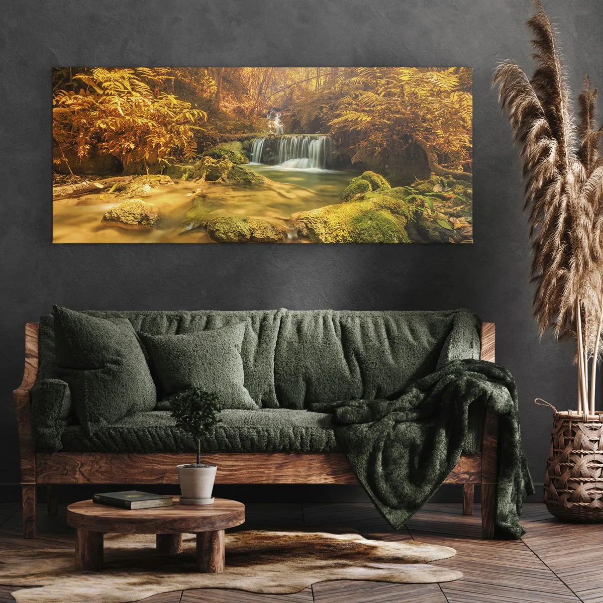 Impression sur toile - Image sur toile - Une cascade dorée dans une forêt d'automne entourée de verdure - 160x50cm - Cascade de forêt en or - Décoration murale moderne pour le salon et la chambre ARTTOR