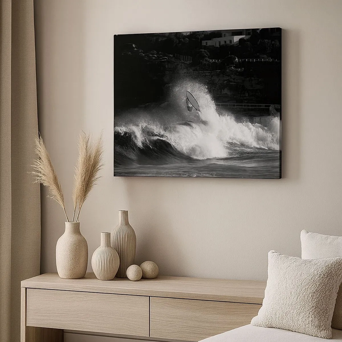 Impression sur toile - Image sur toile - Un surfeur sur une vague en monochrome - 70x50cm - Défi accepté! - Décoration murale moderne pour le salon et la chambre ARTTOR