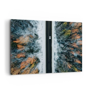 Impression sur toile - Image sur toile - Une route à travers une forêt hivernale vue à vol d'oiseau - 100x70cm - Couper à travers la forêt d'hiver - Décoration murale moderne pour le salon et la chambre ARTTOR