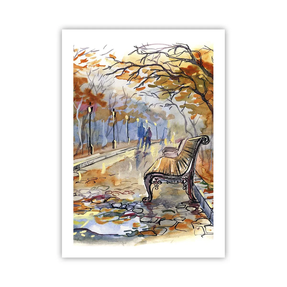 Affiche - Poster - Banc dans un parc en automne, aquarelle - 50x70cm - Errer ensemble à l'automne - Décoration murale moderne pour le salon et la chambre ARTTOR
