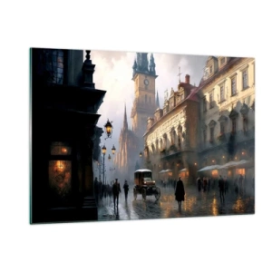 Impression sur verre - Image sur verre - Une rue historique éclairée par des lanternes au crépuscule - 120x80cm - Le charme d'une soirée pragoise - Décoration murale moderne pour le salon et la chambre ARTTOR