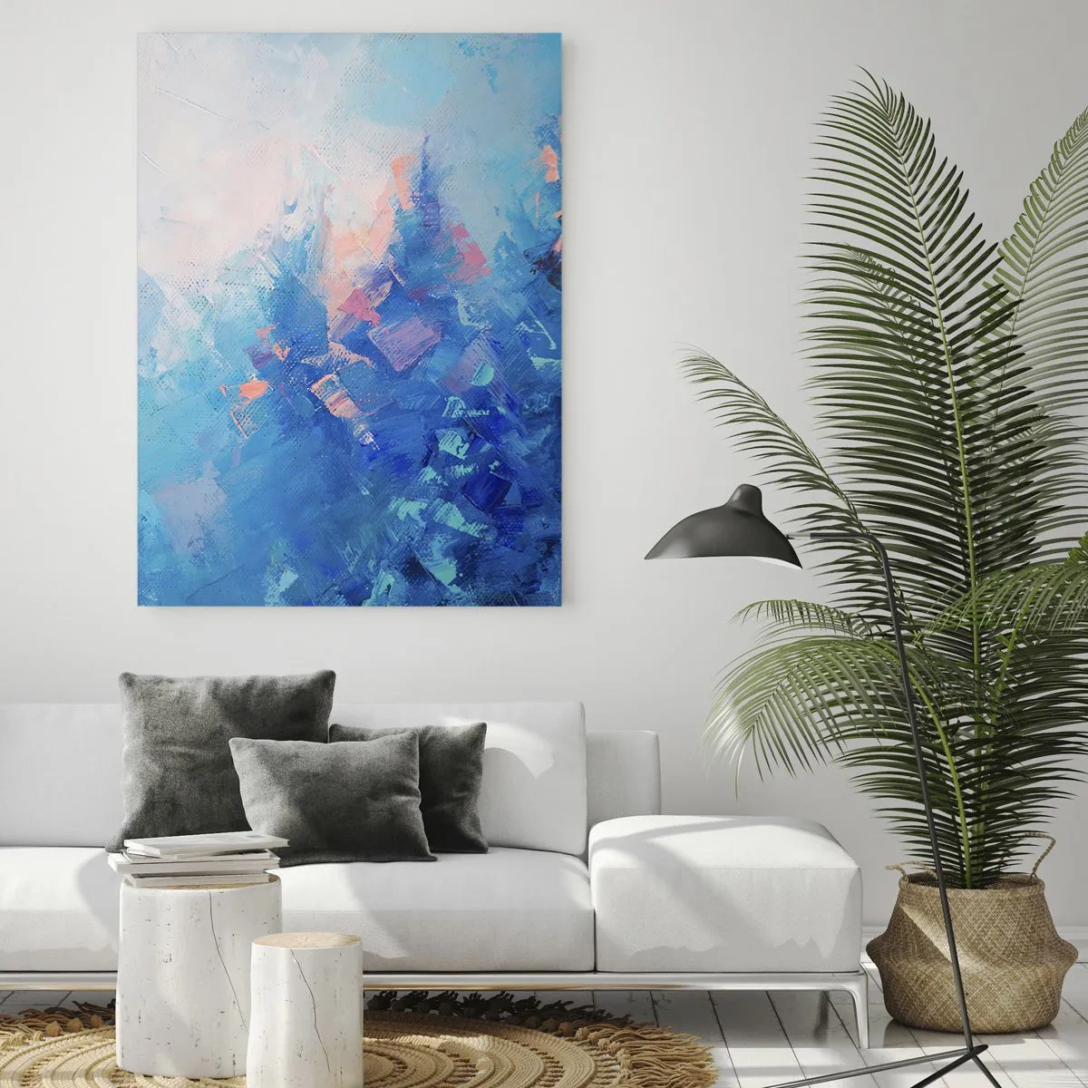 Impression sur verre - Image sur verre - Composition abstraite dans les tons de bleu et de rose - 70x100cm - Abstraction hivernale - Décoration murale moderne pour le salon et la chambre ARTTOR