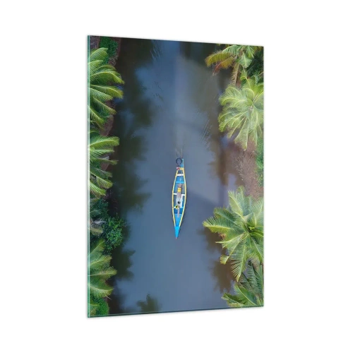 Impression sur verre - Image sur verre - Vue aérienne d'un bateau naviguant dans un canal parmi des palmiers tropicaux - 50x70cm - Sur un sentier tropical - Décoration murale moderne pour le salon et la chambre ARTTOR