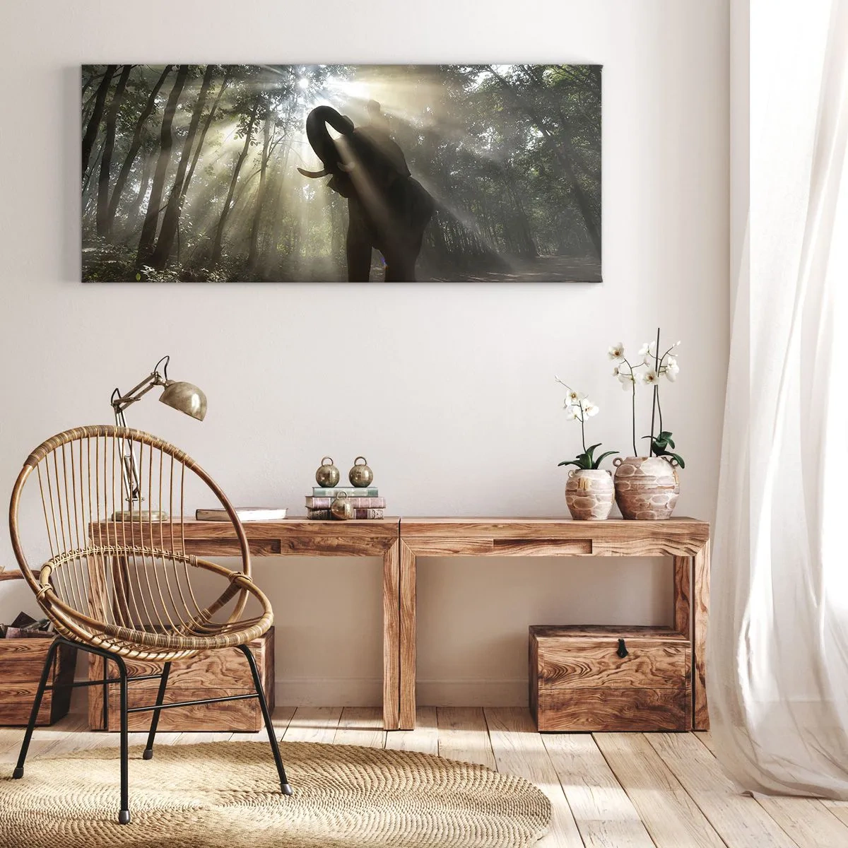 Impression sur toile - Image sur toile - Un éléphant dans la forêt entouré de rayons de lumière dans la brume matinale - 120x50cm - Sous la bonne étoile - Décoration murale moderne pour le salon et la chambre ARTTOR