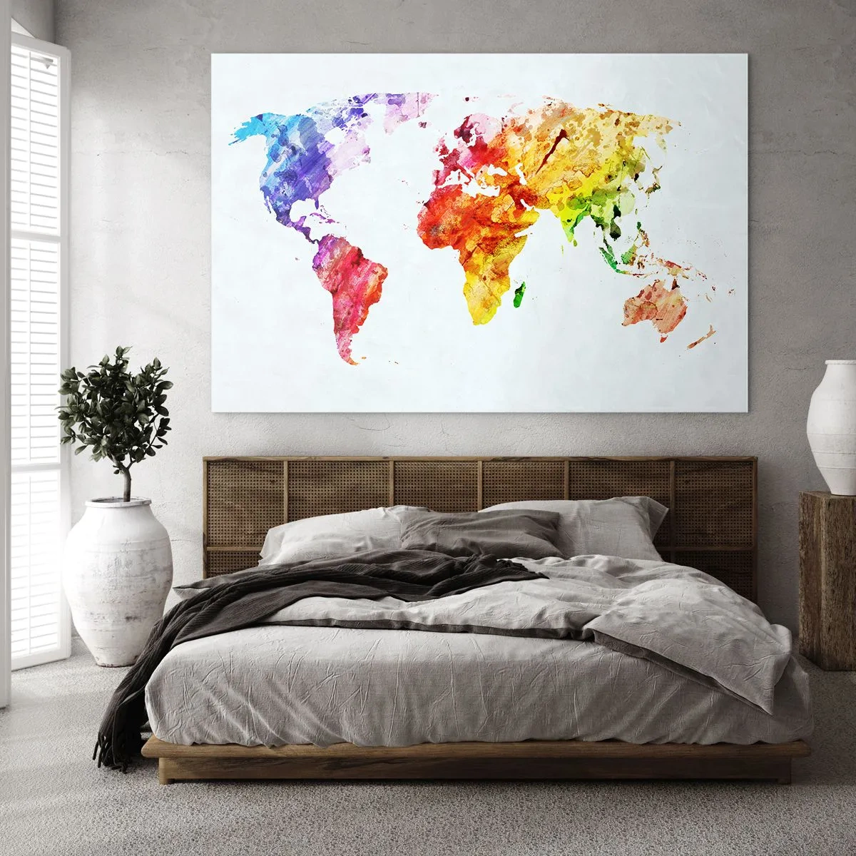 Impression sur verre - Image sur verre - Carte du monde à l'aquarelle aux couleurs vives - 100x70cm - Toutes les couleurs du monde - Décoration murale moderne pour le salon et la chambre ARTTOR