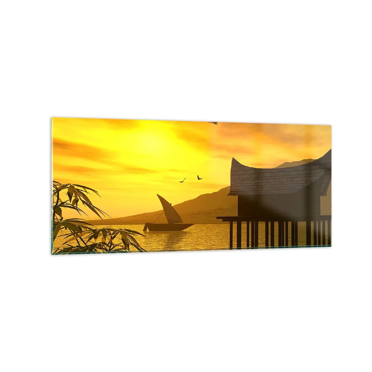 Impression sur verre - Image sur verre - Coucher de soleil tropical sur l'eau avec une maison en bois sur pilotis. - 120x50cm - La paix tant désirée - Décoration murale moderne pour le salon et la chambre ARTTOR