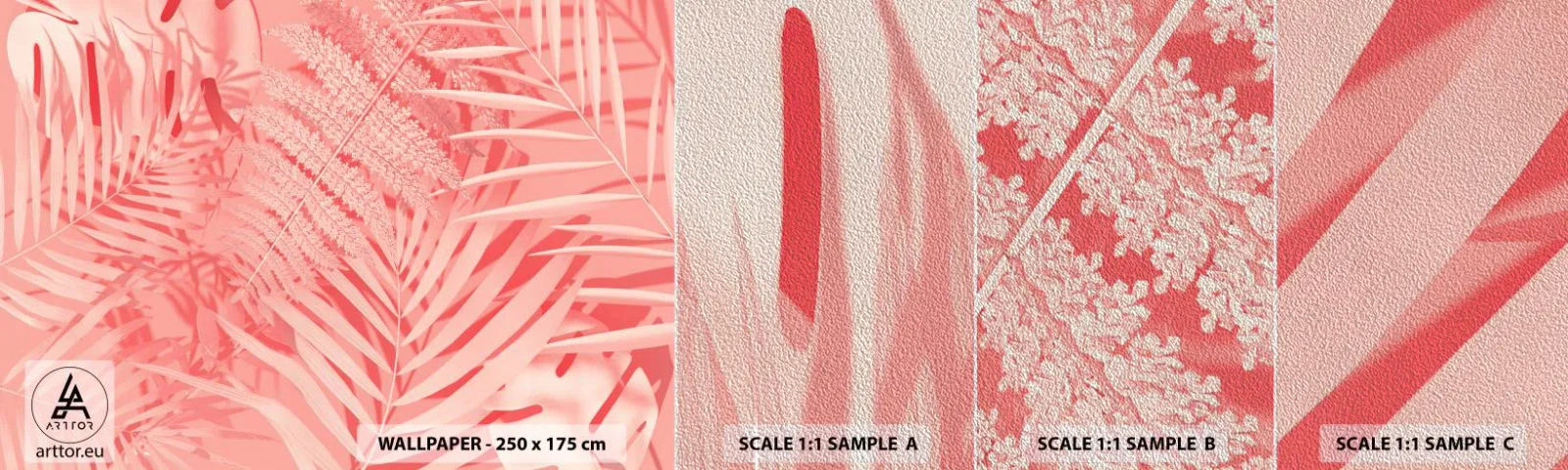 Échantillon de Papier Peint Premium Sand - Concept de rose - Abstraction, Feuille de palmier, Graphique - 100x30 cm