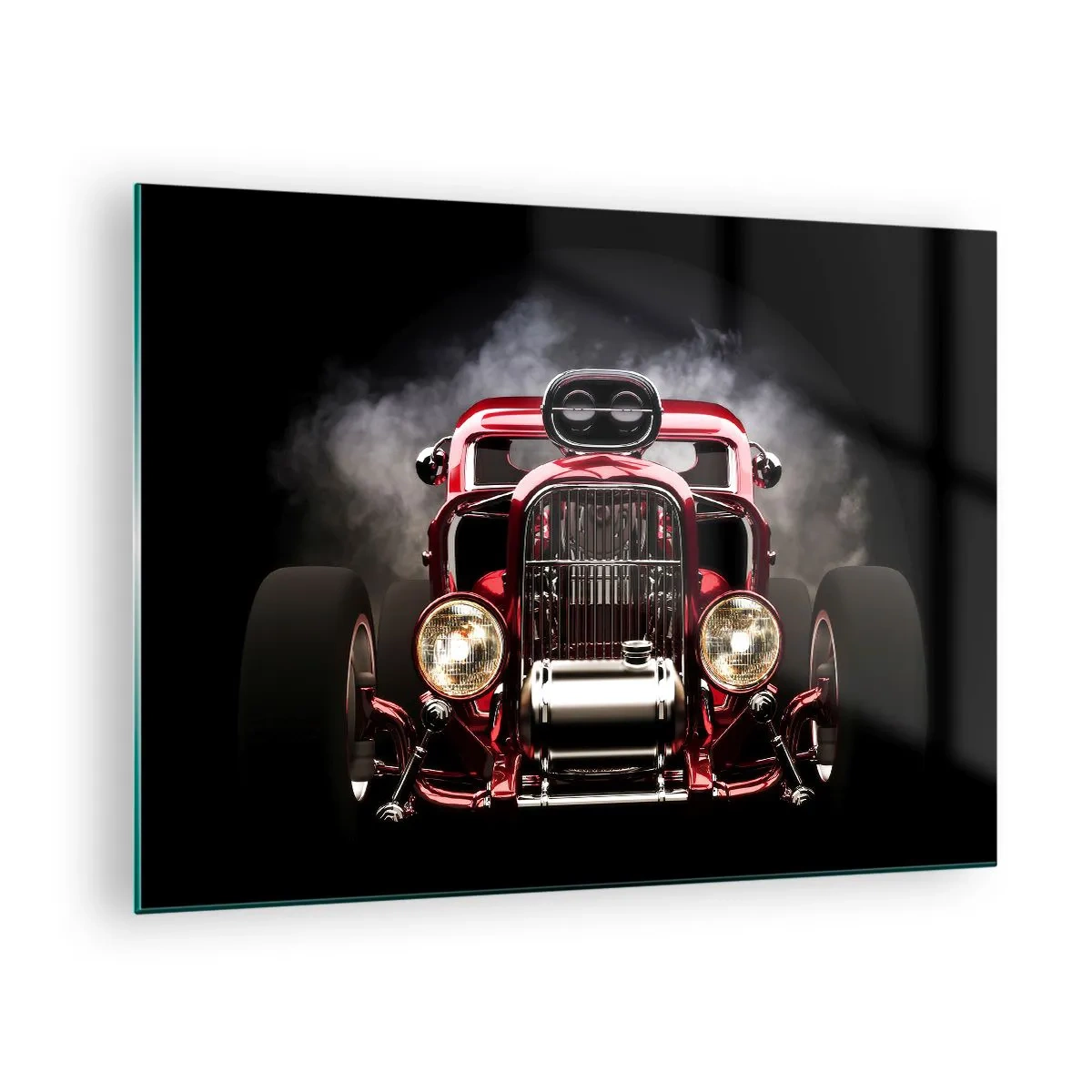 Impression sur verre - Image sur verre - Hot rod rouge dans une épaisse fumée - 70x50cm - Rapide et furieusement beau - Décoration murale moderne pour le salon et la chambre ARTTOR