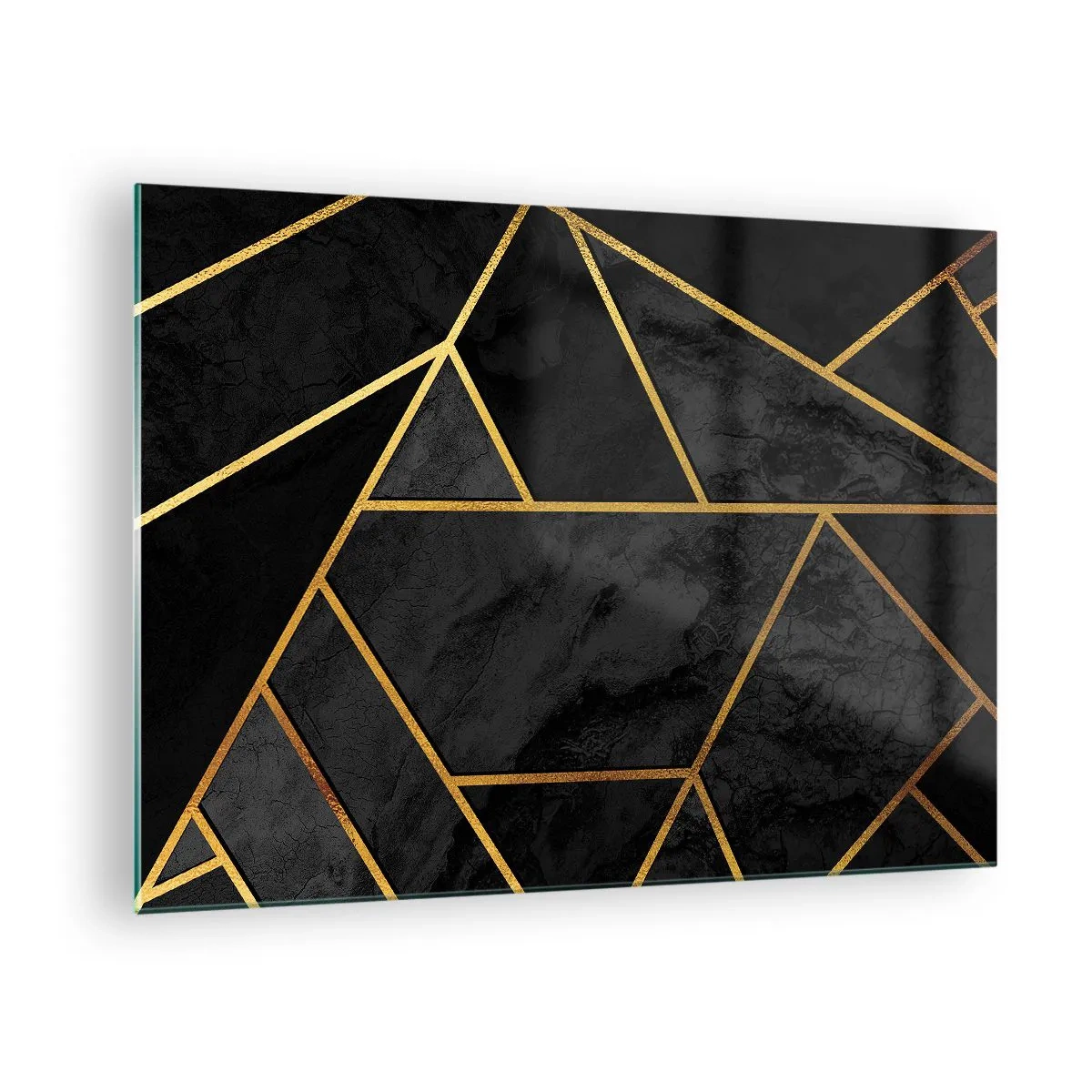 Impression sur verre - Image sur verre - Composition géométrique noire et dorée sur fond de marbre - 70x50cm - Obscurité et éclat - Décoration murale moderne pour le salon et la chambre ARTTOR