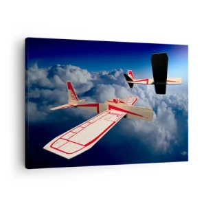 Impression sur toile - Image sur toile - Deux avions en bois planant au-dessus des nuages contre un ciel bleu. - 70x50cm - Encore plus haut, encore plus loin - Décoration murale moderne pour le salon et la chambre ARTTOR