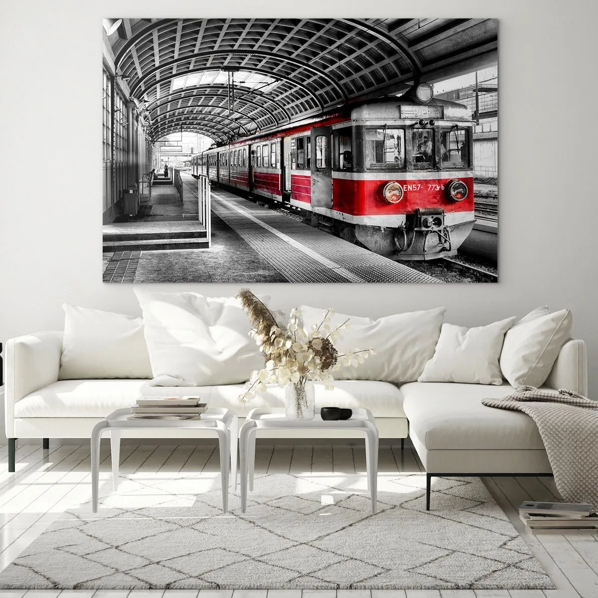 Impression sur verre - Image sur verre - Train rouge à la gare sous un toit - 100x70cm - C'est peut-être le voyage de votre vie ? - Décoration murale moderne pour le salon et la chambre ARTTOR