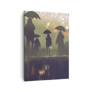 Impression sur toile - Image sur toile - Une silhouette avec un parapluie un soir pluvieux parmi les lumières de la ville - 50x70cm - Du point de vue d'une goutte de pluie - Décoration murale moderne pour le salon et la chambre ARTTOR