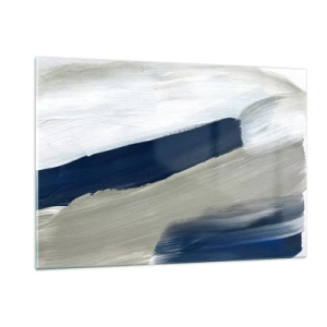 Impression sur verre - Image sur verre - Abstraction minimaliste avec des traits dynamiques de blanc, bleu marine et gris. - 120x80cm - Rencontre avec la blancheur - Décoration murale moderne pour le salon et la chambre ARTTOR