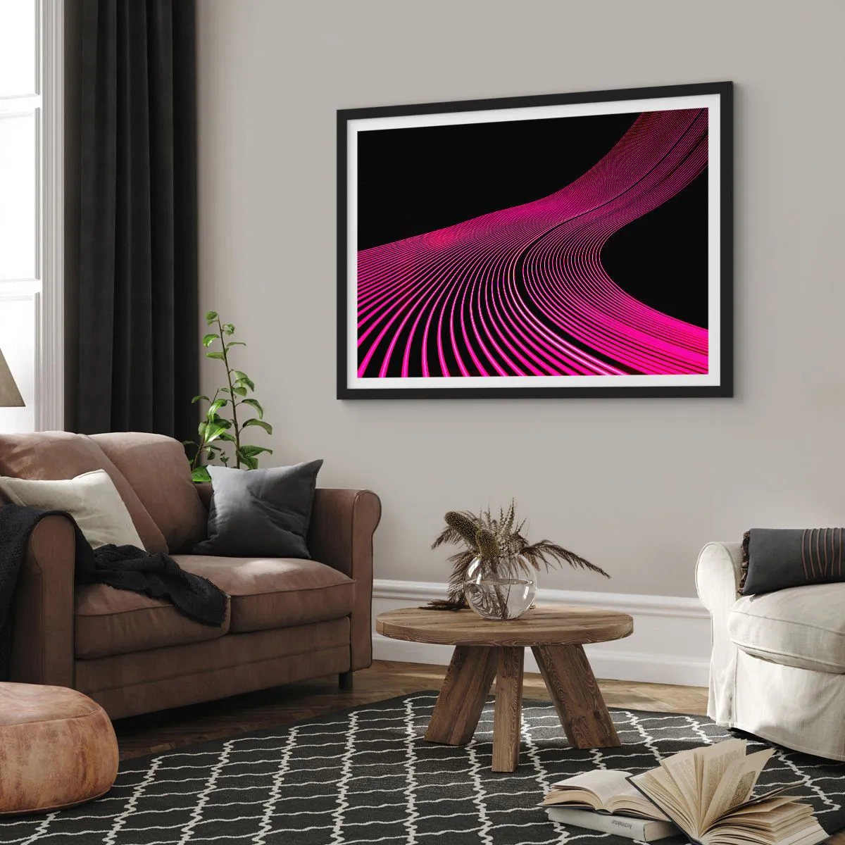 Affiche dans un cadre noir - Poster - Lignes futuristes dans des tons de rose sur fond noir - 70x50cm - Avenue de lumière - Décoration murale moderne pour le salon et la chambre ARTTOR