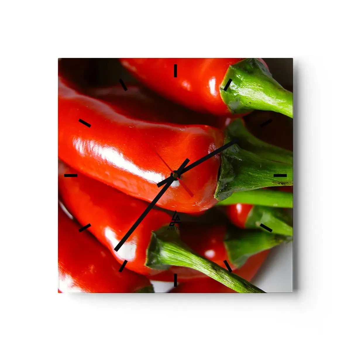 Horloge murale - Pendule murale - Gros plan de piments rouges avec des tiges vertes - 30x30cm - Juteux, brillant, lisse - Décoration murale moderne pour le salon et la chambre ARTTOR