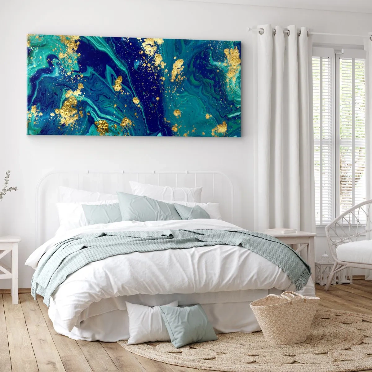 Impression sur toile - Image sur toile - Une composition abstraite avec des accents bleus, verts et dorés. - 140x50cm - Les pétales du soleil - Décoration murale moderne pour le salon et la chambre ARTTOR