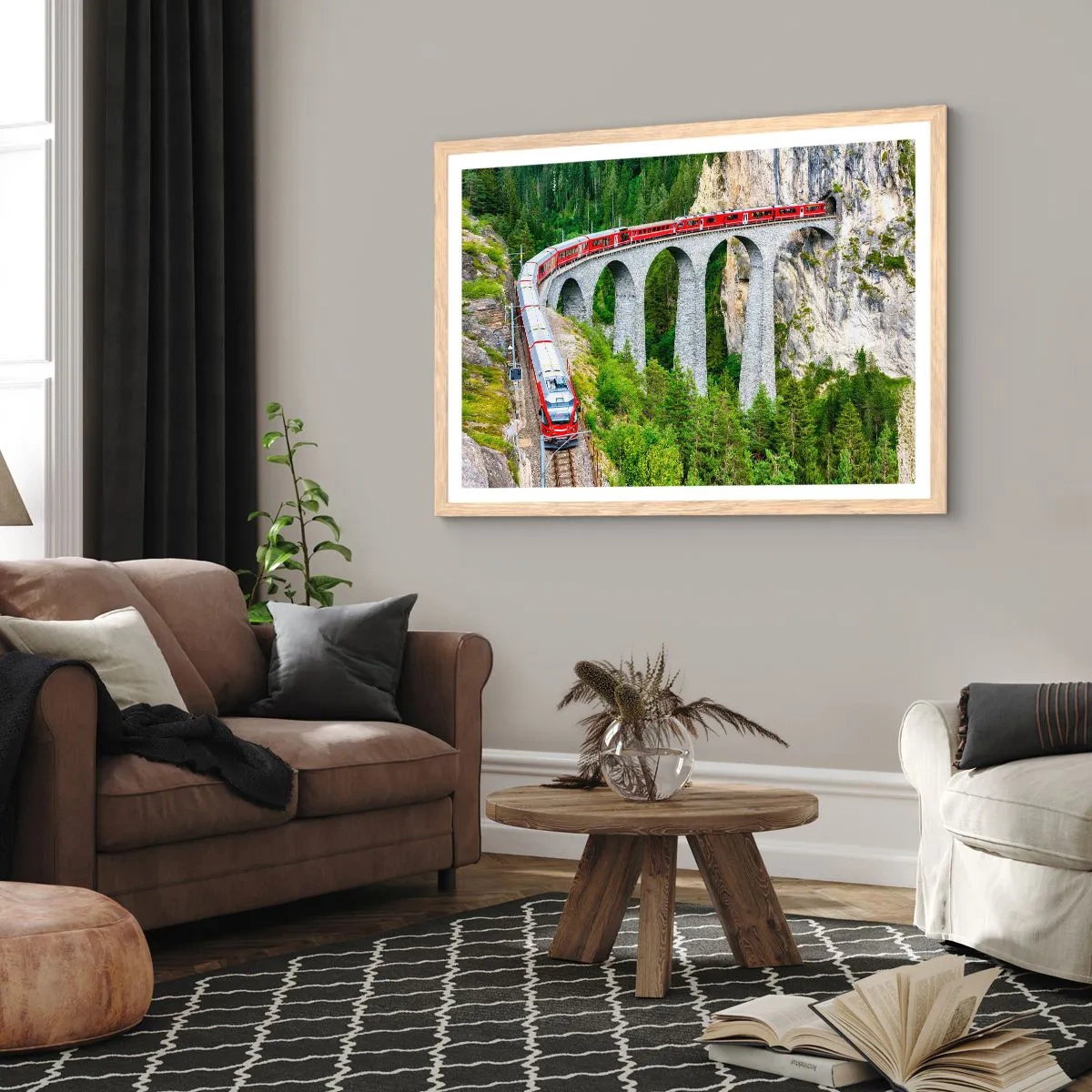 Affiche dans un chêne clair - Poster - Chemin de fer avec vue sur la montagne - 91x61 cm