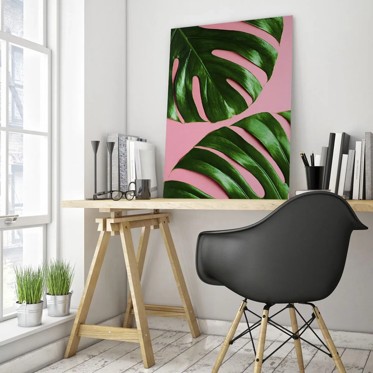 Impression sur verre - Image sur verre - Feuilles de monstera vertes sur fond rose - 70x100cm - Rendez-vous vert - Décoration murale moderne pour le salon et la chambre ARTTOR