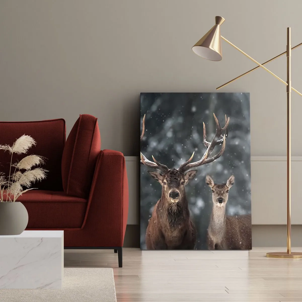 Impression sur toile - Image sur toile - Cerf dans une forêt d'hiver enneigée - 80x120cm - Le roi de la forêt avec sa femme - Décoration murale moderne pour le salon et la chambre ARTTOR
