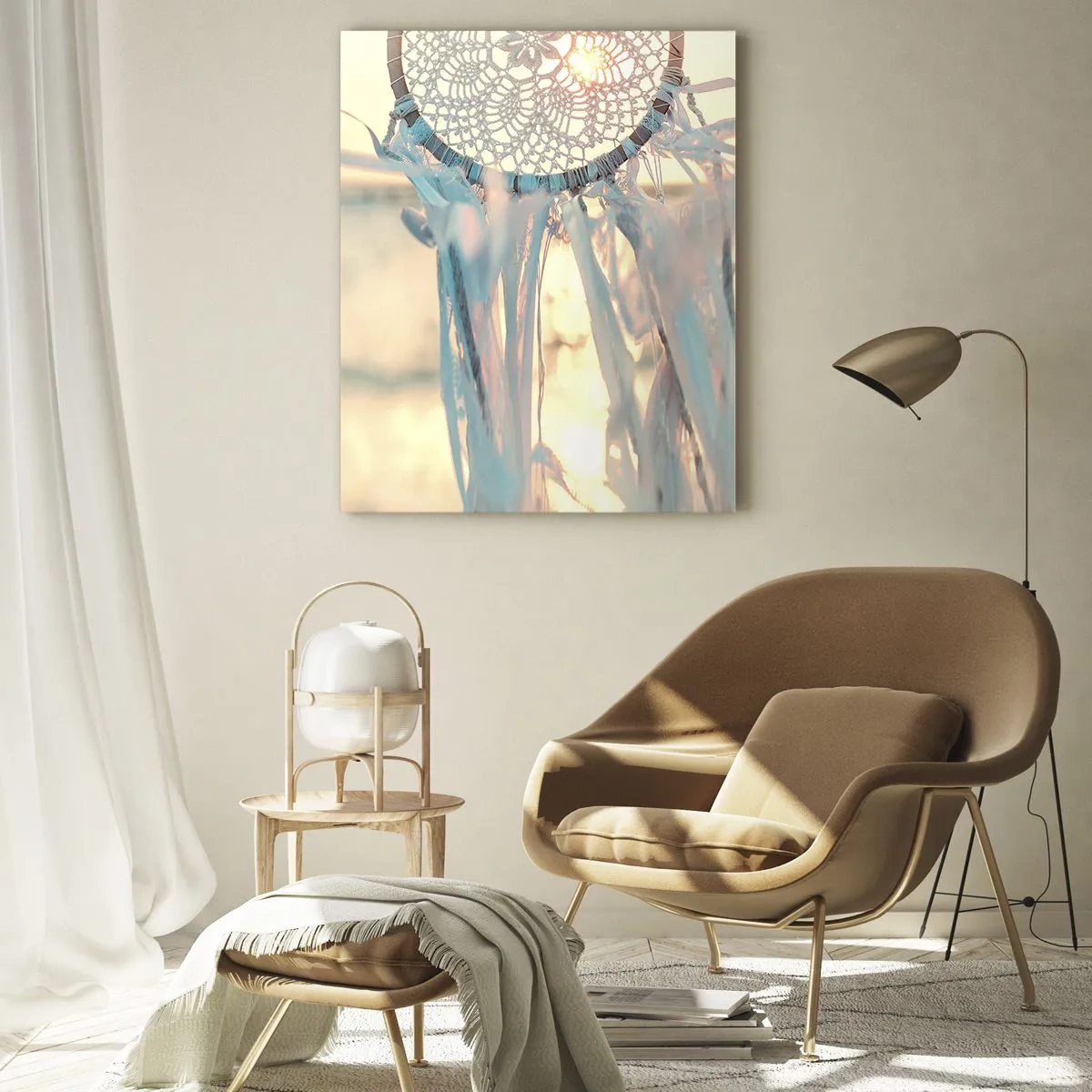 Impression sur verre - Image sur verre - Un attrape-rêves délicat sur fond de soleil couchant - 70x100cm - Totem en dentelle - Décoration murale moderne pour le salon et la chambre ARTTOR